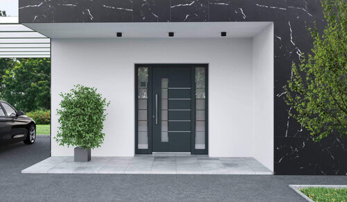Aluminium Haustür mit Seitenteil sowie Glas und Edelstahl-Applikationen